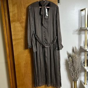 Zara Metalic Print Neck-Tie Belted Long Sleeves Midi Dress